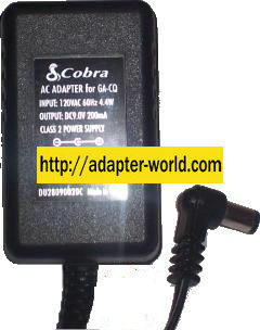 COBRA DU28090020C AC ADAPTER 9VDC 200mA -( ) 2x5.5mm 4.4W 120vac